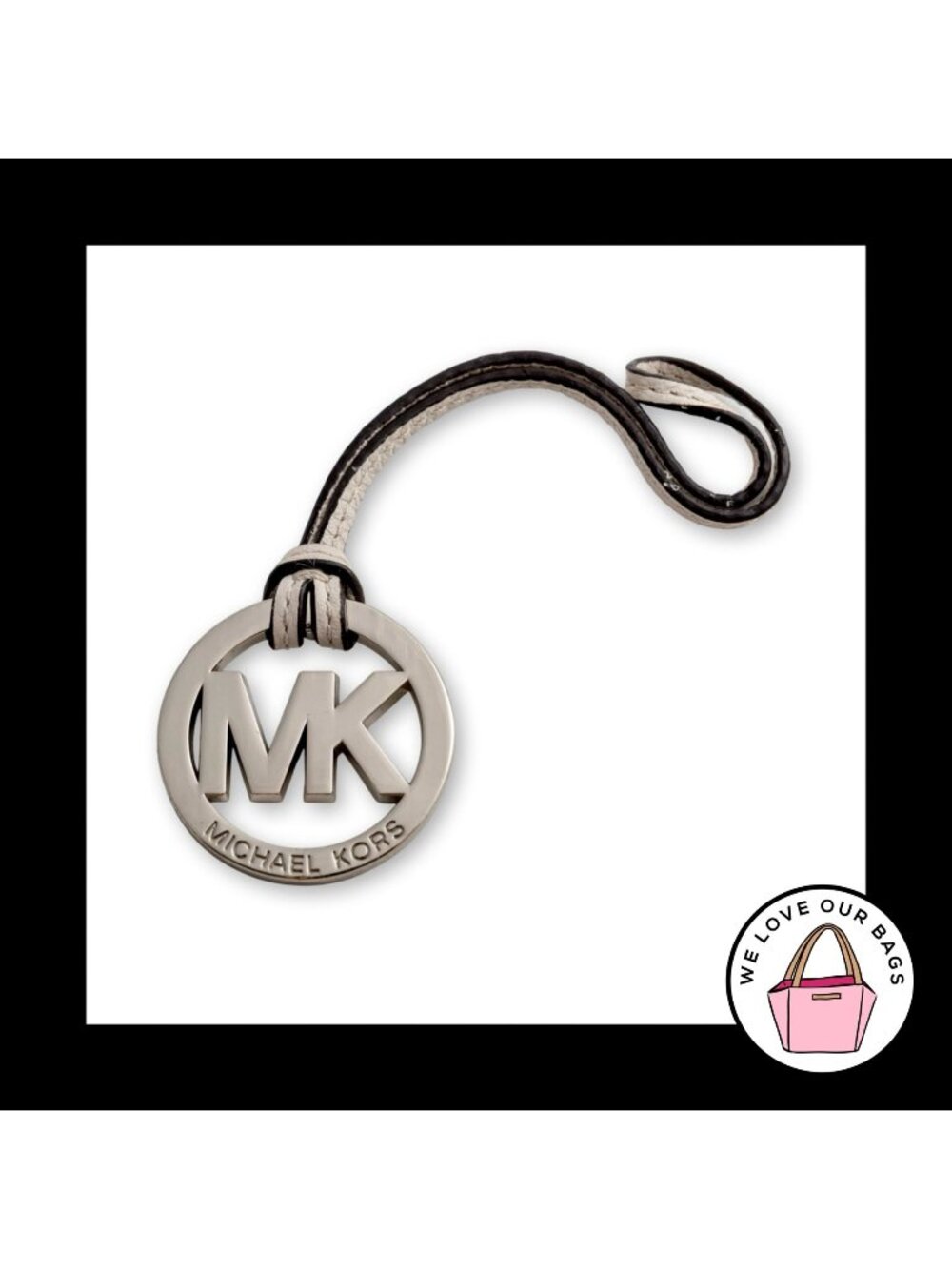 MICHAEL KORS Silver Metal White Leather Strap Bag Charm Hang Tag Keychain Fob - Picture 1 of 4